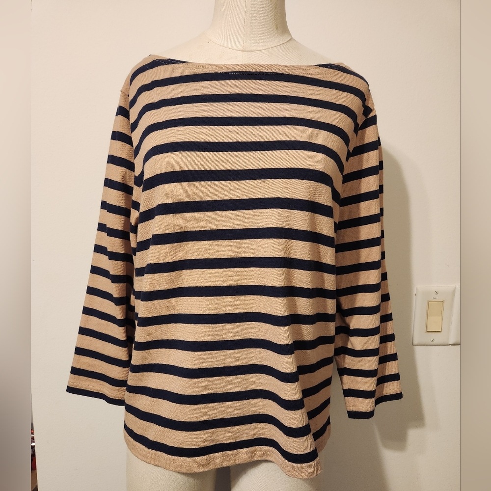 J.Crew Structured Boatneck T-Shirt In Stripe Khaki/Navy ~ Sz M (H6778)